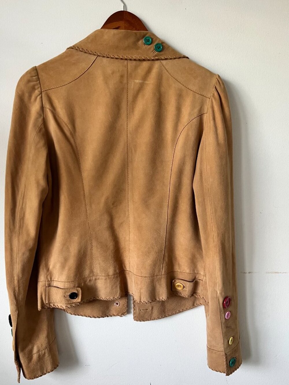 Moschino Camel Tan Suede Leather Jacket w/ multi colored buttons Small/Medium - Picture 2 of 11